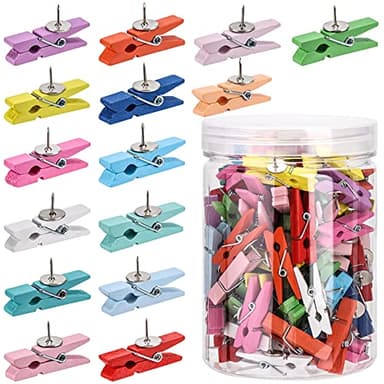 100Pcs Push Pin with Wooden Clips Tacks for Cork Board Artwork for Bulletin Board Crafts Arts Projects Photo Supplies(Colorful) - Image 1