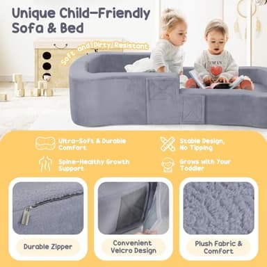 whiffee Toddler Travel Bed, 2-in-1 Foldable Portable Toddler Bed Sofa Chair, Soft Baby Kids Travel Floor Beds Cot with Washable Covers Safety Foam Raised Bumper for Camping Hotel Sleeping, Grey - Image 3