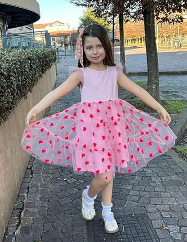 Arshiner Toddler Tulle Dress Little Girls Pink Heart Tutu Dresses Ruffle Tiered Swing Twirly Summer Sundress Size 6 - Image 9