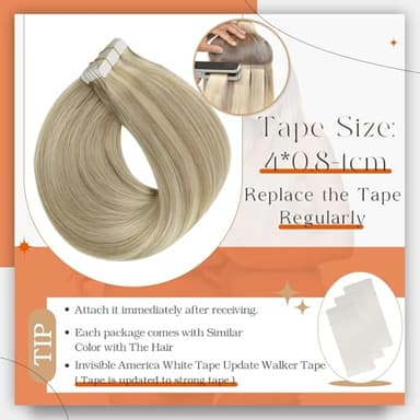 Full Shine Tape in Hair Extensions 24 Inch Double Sided Tapes Color 16 Highlighted 22 Blonde Remy Hair Extension Real Human Hair Skin Weft for Women Natural Straight 20 Pcs 50 Gram Add Length - Image 4