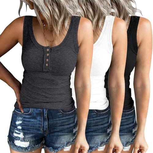SUNBS 3 Pack Women Tank Tops Ribbed Summer Casual Sleeveless Basic Cami Top Trendy Slim Henley Button Down Blouses 2024 Grey White Black XL - Image 1