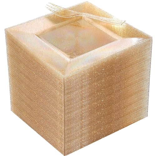 DaYammi 200Pcs Gold Dessert Plates Including 100Pcs Appetizer Plates 6",100Pcs Plastic Forks 5.7",Gold Glitter Plastic Square Plate for Party,Gold Salad Plate and Cake Forks for Wedding Birthday - Image 1