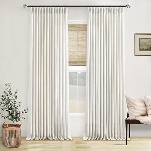 Pinch Pleated Linen Curtains 108 Inches Long for Living Room 2 Panels Set Cream Ivory Flax Double Pleated Drapes Back Tab Neutral Boho Ceiling Floor 108 Inch Window Curtains Bedroom Natural Birch - Image 1