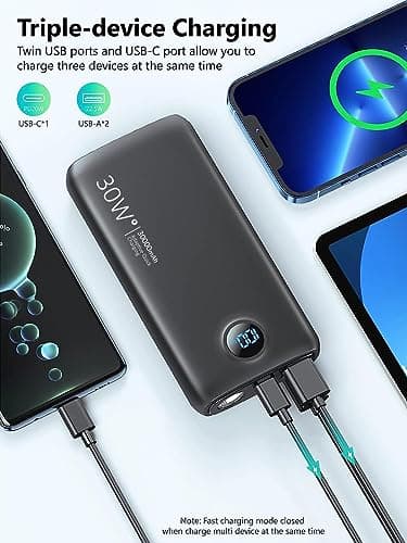 Portable Charger, 30000mAh QC4.0 PD3.0 30W USB C Fast Charging, Power Bank with 3W Flashlight and Led Display, External Battery Pack Travel Essentials for iPhone 17 16, Galaxy, LG, Tablet, and More - Image 3