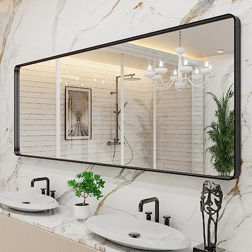 LOAAO 84x32 Inch Black Metal Framed Bathroom Mirror for Wall, Matte Black Bathroom Vanity Mirror Farmhouse, Large Rounded Rectangle Mirror, Anti-Rust, Tempered Glass, Hangs Horizontally or Vertically - Image 1