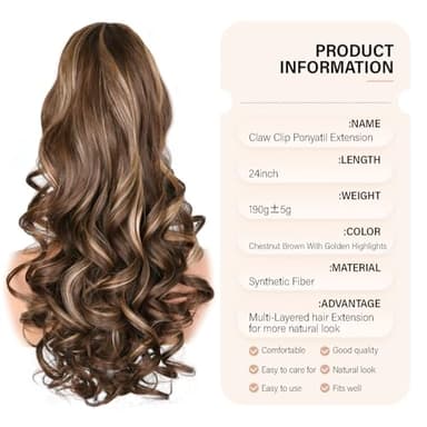 24 Inch Ponytail Extension, Clip on Ponytails for Women, Long Curly Wavy Ponytail Extensions for Women, Synthetic Layered Pony Tails Hair Extensions (Color: Chestnut Brown With Golden Highlights) - Image 5