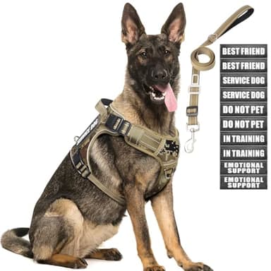 MOOGROU Tactical Dog Harness and Leash Set for Large Dogs,Heavy Duty No Pull Service Dog Vest and 10 Patches with Dog Seat Belt,Reflective Adjustable Pet Harness for Training Walking Hiking Camo L - Image 1