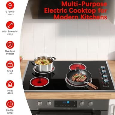 30 Inch Electric Cooktop, 4 Burner Electric Stove Top with Knob Control, 6700W Stove Top Burner with Overheat Protection, Child Lock, Timer, Durable Metal Frame, Bulit-in Glass Top 220-240V Hardwired - Image 5