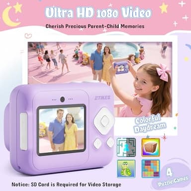 ETIKEZ Kids Camera, 1080P Instant Digital Print Camera for Kids, Christmas Birthday Gifts for 4 5 6 7 8 9 10 Year Old Girls Boys, Portable Toy with 32GB SD Card & 3 Rolls Printing Paper, Purple - Image 4