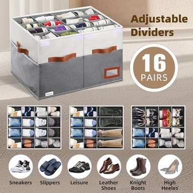 Supowin Shoe Organizer for Closet, Foldable Shoe Storage Bins with Lid & Adjustable Dividers, Fabric Shoe Box Storage Containers with Four Reinforced Handles, Fits 16 Pairs, 1 Pack, Grey - Image 4