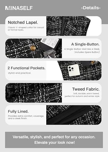 Mina Self Tweed Blazers for Women Sleeveless Tweed Plaid Vest White Vests Blazers for Business Casual Fashion Fall Winter Clothes for 2025 P/HS-M - Image 6