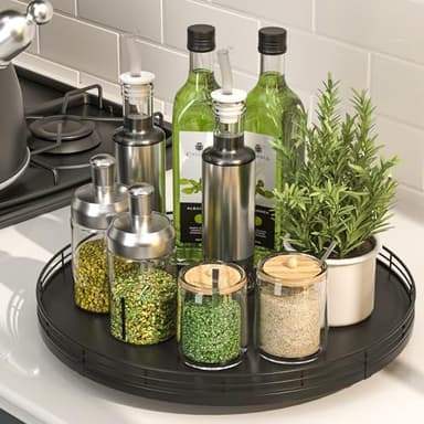 13" Oak Wood Lazy Susan Organizer, Lazy Susan for Cabinet Dining Table Pantry Wood Turntable Organizer Tray for Coffee Table Kitchen Countertop Salt Pepper Spice Organization and Storage Round Black - Image 2