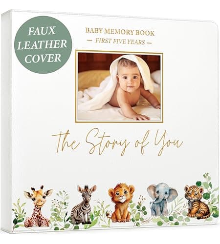 Baby Book Keepsake - Timeless Baby Memory Book for Boy or Girl I First 5 Year I Faux Leather, Gender Neutral, Safari Theme w/Gold Foil Stamp - Baby First Year Book Journal Scrapbook Photo Album Shower - Image 1