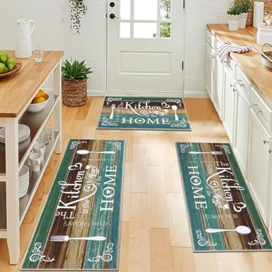 Vaukki Boho Kitchen Rug Sets 3 Pieces, Washable Kitchen Mats for Floor, Non Slip Soft Kitchen Area Rug Floor Mat for Kitchen, Laundry Room and Hallway (Teal, 20''x32''+20''x47''+20''x59'') - Image 6