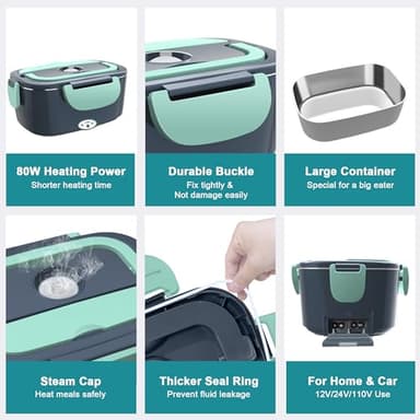 Electric Heated Lunch Boxes Adults: 80W Electric Lunch Box Food Heated 12/24/110V 1.5L Heatable Lunch Box for Car/Truck/Office Leak-Proof Stainless Steel Container, Fork & Spoon, Bag (Grey+Green) - Image 6