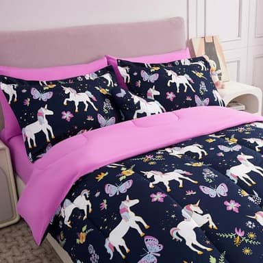 Mooreeke Kids Comforter Bed Set Full Size for s Girls, 8 Pieces Bed in a Bag with Shams, Sheet Set, Purple Pink Unicorn Full Soft Microfiber Kids Comforter Bedding Set - Image 2