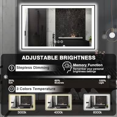 EchosLife 60x36 LED Mirror for Bathroom - Black Aluminum Framed (Front and Backlit),Anti-Fog Bathroom Mirror with Lights, Stepless Dimmable Lighted Mirror,3 Colors Smart Mirror(Horizontal/Vertical) - Image 4