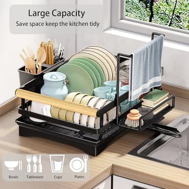 Yawinhe Dish Racks for Kitchen Counter, Space-Saving Drainers with Removable Utensil Holder, Drainboard and Spout, for Knives, Spoons, and Forks, Black - Image 3