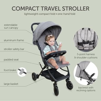 Lightweight Travel Stroller for Baby & Toddlers - Easy Fold & Compact Stroller with Canopy, Storage Basket, Multi-Position Recline & Convenient One-Hand Fold (Grey) - Image 2