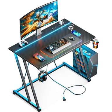 MOTPK 32 Inch Small Gaming Desk with LED Lights & Power Outlet, Computer Desk for Small Space, Gaming Table with Carbon Fiber Texture, Kids Desk Gift for Boys Men, Black - Image 1