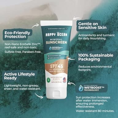 Happy Ocean SPF 45 Biodegradable Reef Safe Sunscreen for Face & Body, Non-Nano Zinc Oxide, Natural Fragrance Free Non Toxic Organic Mineral Sunscreen, Travel Size Reef Friendly Mineral Based 2.5 Fl Oz - Image 2