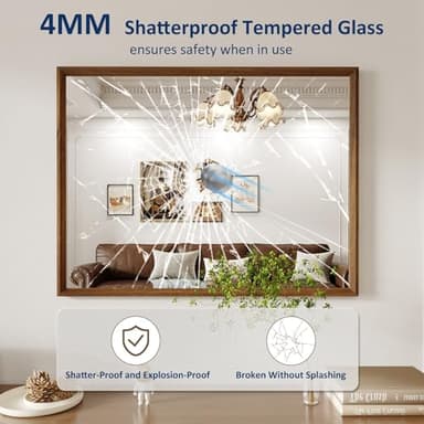 WEER Bathroom Mirror, 40x30 Inch Wall Mirror, Walnut Wood Grain Framed Mirror, Rectangle Vanity Mirror, Tempered Glass, Anti-Rust, Hangs Horizontally or Vertically - Image 2