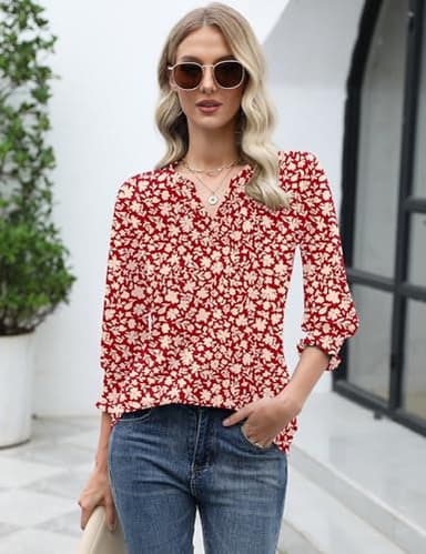 LOMON Womens Christmas Tops 3/4 Length Sleeve Womens Tops V Neck T Shirt for Womens Fashion Trendy Red Apricot Floral XXL - Image 5