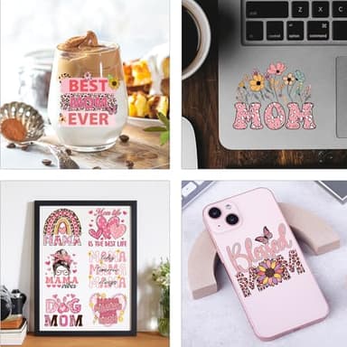 AFRITEE Mama UV DTF Decals - 20 Sheets Best Mom Ever Uvdtf Tumbler Wraps for 16 oz Glass Water Bottle, Pink Bows Flower Waterproof Transfer Stickers DIY Mug Guitar Diary Decor for Mothers Day Gifts - Image 6