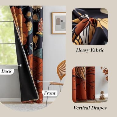 Tyrot Black Boho Floral 100% Blackout Curtains for Bedroom 84 inch Long 2 Panels Mid Century Botanical Black Out Curtains for Living Room Grommet Thermal Insulated Room Darkening Window Drapes,52Wx84L - Image 6