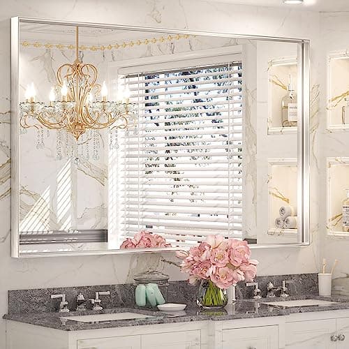 Keonjinn Brushed Silver Bathroom Vanity Mirror 48 x 30 Inch Large Rectangle Wall Mounted Mirror Square Corner Metal Framed Farmhouse Mirror Modern Rectangular Mirror for Over Sink(Horizontal/Vertical) - Image 1