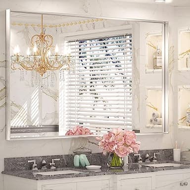 Keonjinn Brushed Silver Bathroom Vanity Mirror 48 x 30 Inch Large Rectangle Wall Mounted Mirror Square Corner Metal Framed Farmhouse Mirror Modern Rectangular Mirror for Over Sink(Horizontal/Vertical) - Image 1