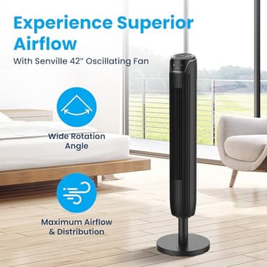 Senville 42" Oscillating Tower Fan for Bedroom, Remote, Bladeless, Quiet, 3 Modes, 7-Hour Timer, LED Display, Black - Image 2