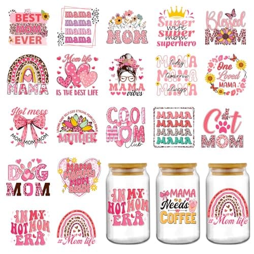 AFRITEE Mama UV DTF Decals - 20 Sheets Best Mom Ever Uvdtf Tumbler Wraps for 16 oz Glass Water Bottle, Pink Bows Flower Waterproof Transfer Stickers DIY Mug Guitar Diary Decor for Mothers Day Gifts - Image 1