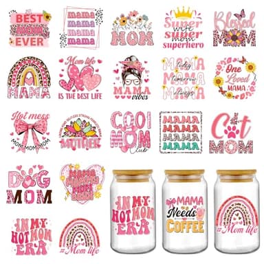AFRITEE Mama UV DTF Decals - 20 Sheets Best Mom Ever Uvdtf Tumbler Wraps for 16 oz Glass Water Bottle, Pink Bows Flower Waterproof Transfer Stickers DIY Mug Guitar Diary Decor for Mothers Day Gifts - Image 1