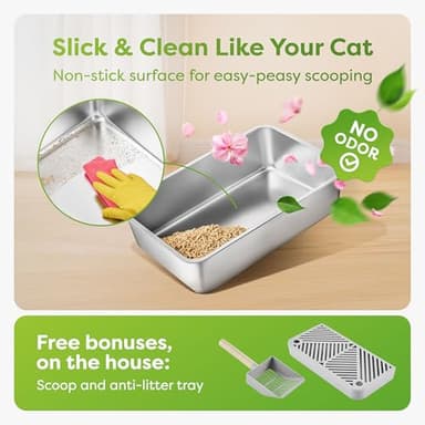 OHM Pets XL Cat Litter Box Stainless Steel - 20L Non-Stick Extra Large Stainless Steel, Rust-Proof, Anti-Leak Metal Litter Box High Sides w/Scoop & Tray, Light Grey - Image 3