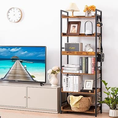 HCHQHS Adjustable 6 Tier Open Bookcase, Rustic Farmhouse Book Shelves, Industrial Wood and Black Metal Bookshelves, Mid Century Bookcase for Home Office Living Room Bedroom - Image 8