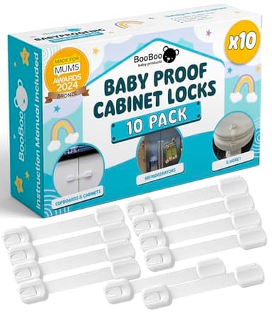 Booboo® (10 Pack) Premium Cabinet Locks Baby Proofing, Child Proof Cabinet Locks, Cupboard Locks for Children with 3M Adhesive + 4 Extra Stickers - Image 1
