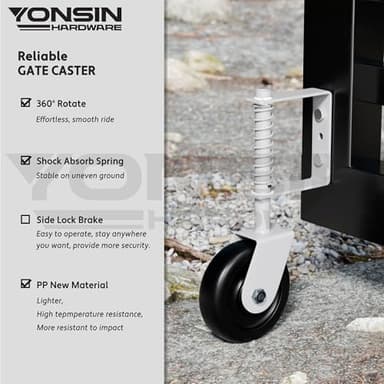 YONSIN 4.3" Heavy Duty Spring Loaded Caster with Bearing, Drag Wheels with 360 Swivel for Wooden Gate, Metal Tube, Anti Sag Kit, 200 Lbs Capacity, 2 Pcs, White - Image 3