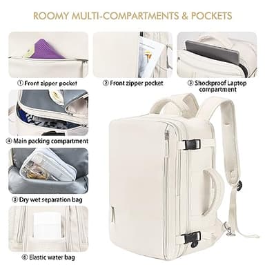 Beraliy Travel Backpack, Large Carry On Backpack, Personal Item Travel Bag, Airline Approved 17 Inch Laptop Backpack, College Weekender Business Hiking Bag, Beige - Image 6