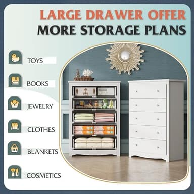 WLIVE White 5 Drawer Wood Dresser, Wooden Chest of Drawers for Bedroom, Storage Cabinet and Organizer Drawers for Living Room, Hallway, Closet, Measuring 15.75" W*31.50" D*45.35" H - Image 4