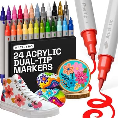 ARTISTRO 24 Dual Tip Fabric Paint Markers - Acrylic Drawing Markers for All Ages & Levels - Textile Paint Pens for Personalizing Clothes, T Shirts, Bags, Canvas (Brush + Fine) - Image 1