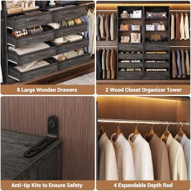 Aheaplus Closet System, 6-15Ft Closet Organizer with 8 Wooden Drawers, Wood Closet Organizer System with Tower, Walk-in Closet Organizer Wardrobe Garment Clothes Rack with 4 Hanging Rods, Black Oak - Image 3
