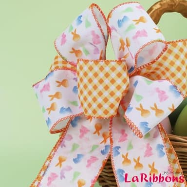 LaRibbons Easter Bunny Wired Ribbon 2 Rolls 2.5 Inch x 12 Yards TTL, Orange Easter Ribbon Plaid for Baskets Crafts Spring Wreath Gift Wrapping Bow Decoration - Image 2