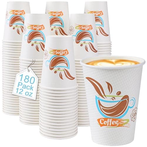 Lamosi 12 OZ Coffee Cups 180 Pack, Hot Paper Disposable Cups for Drinks, Insulated Leakproof Cup for Cafe, Office and Home - Image 1