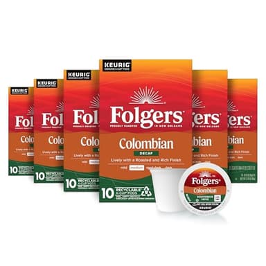 Folgers Colombian Decaf Coffee, Medium Roast, Keurig K-Cup pods, 10 Count Box (Pack of 6) - Image 1