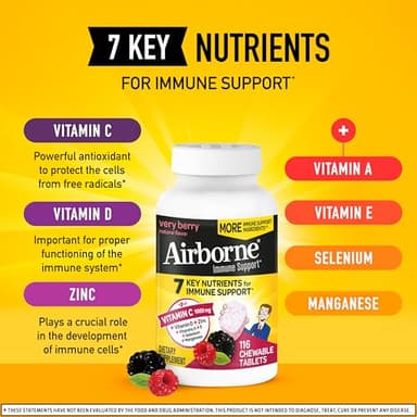 Airborne Vitamin C 1000mg (per Serving) - Very Berry Chewable Tablets (116 Count in a Bottle), Gluten-Free Immune Support Supplement, with Vitamins A C E, Zinc, Selenium, Ginger, Antioxidants - Image 3