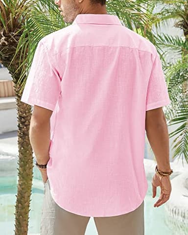J.VER Mens Button Down Short Sleeve Shirts Casual Beach Vacation Linen Shirt Cotton Summer Clothes for Tropical Cruise Party Pink XXL - Image 2