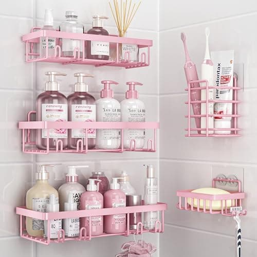 Liuoud 5 Pack Shower Caddy Organizer Rack Shelf for Inside Shower, Adhesive Bathroom Wall Storage Basket Rustproof Stainless Steel Shampoo Holder, Girly Bathroom Accessory Decor Set, Pink - Image 1