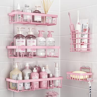 Liuoud 5 Pack Shower Caddy Organizer Rack Shelf for Inside Shower, Adhesive Bathroom Wall Storage Basket Rustproof Stainless Steel Shampoo Holder, Girly Bathroom Accessory Decor Set, Pink - Image 1