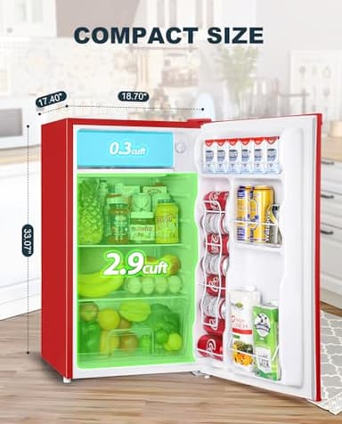 Upstreman 3.2 Cu.Ft Mini Fridge with Freezer, Single Door, Dorm Fridge, Adjustable Thermostat, Refrigerator for Dorm, Office, Bedroom, Red-BR321 - Image 3